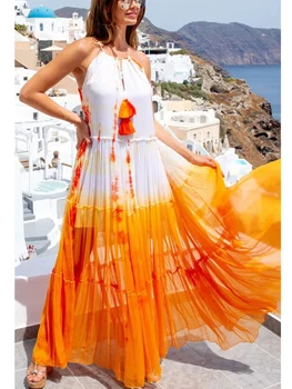 Jastie 2023 Лятото женствена рокля Макси, ново секси рокля без презрамки с бретельками на шията, Бохо, свободни празнични градиентные многоцветни плажни рокли
