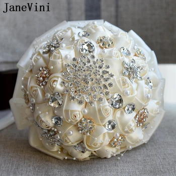 JaneVini 2020 Романтичен букет от рози сатен слонова кост, ръчно изработени сватбени букети за сватби, бродирани с мъниста, аксесоари за брошки за булки от кристал