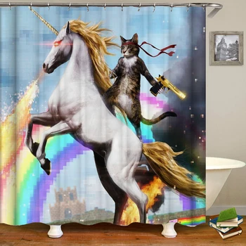 Завеса за душ с принтом котка-рицар от анимационен филм, водоустойчив перфорирана завеса за баня