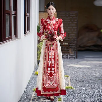 Yourqipao Xiuhe новите Китайски Булчинската рокля на Булката Рокля с Дракон и Фениксом Женски Сватбена рокля Лятото Коварен Сватбена рокля за Тостер