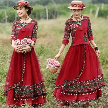 Китайското етническа женствена рокля Летен костюм с принтом Ретро червен