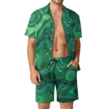 Мъжки комплекти с течен принтом, зелено-жълти абстрактни ежедневни панталони, плажно облекло, комплект ризи, летен тренд графичен костюм, дрехи оверсайз