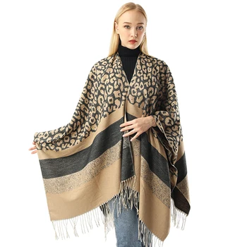 Дамски кашмир шал, класически дамски наметало с леопардовыми петна, пролетно-есенна жилетка с пискюли, зимна пелерина, голямо меко одеало