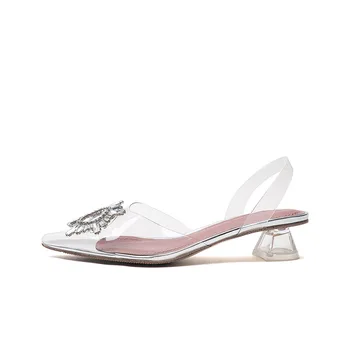 Дамски обувки на DAVE MUADDI/ летни обувки с остър пръсти и висок ток под формата на слънчоглед, прозрачни кристални обувки с дебел ток, ток под формата на чаши за вино