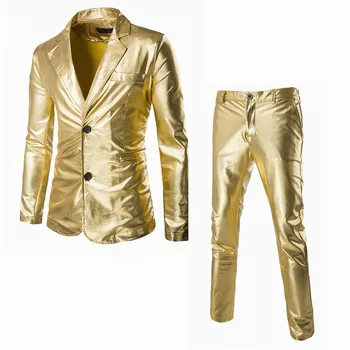 Модерен позлатени ярко златна блестящ всекидневен костюм, тънък костюм, сако, комплект от 2 теми, костюм от светоотражающей кърпа, костюм от две части, мъжки плюс размер