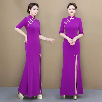 Жена лилава сексуално атласное рокля Cheongsams, фин китайски рокля с висока цепка, рокля Оверсайз, Ципао, Темперамент, празнични рокли на знаменитости