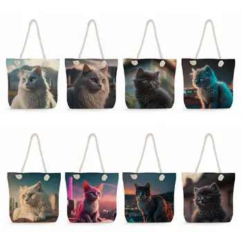 Пътна плажната дебела веревочная чанта с изображение на котка, женски-големи чанти за пазаруване, шик, стилни чанти с домашен любимец принтом, скъпа градинска чанта през рамо