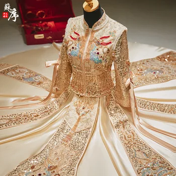 Класически блестящ пайетки, бродирани с мъниста, Ципао в китайски стил, бродерия цвят шампанско, сватбена рокля, дрехи с пискюли китайски дрехи