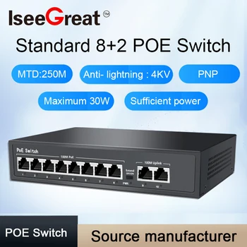 8-портов switch POE с 2Uplink и SFP Активен За IP камери/Безжична точка за достъп/за ВИДЕОНАБЛЮДЕНИЕ Cccam IEEE 802.3 AF/AT Вграден Адаптер за захранване