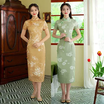 Лятото атласное рокля Чонсам от сатен с флорални принтом, подобряване на източното рокля, китайски женски ципао с яка-часова
