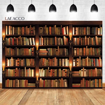 Laeacco Реколта дървена лавица за книги, фон за снимки, библиотека, офис, среща, конференция, на бала нощ, портретна фон