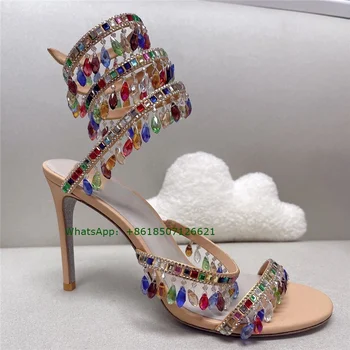 2023 Нови цветни сандали на висок ток с декорация във формата на страз и скъпоценни камъни, пикантни женски сватбени обувки с кръгло бомбе за банкет