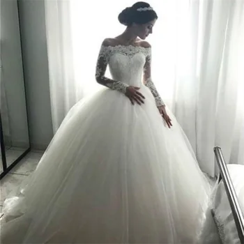 Бели дантелени апликации с открити рамене и дълги ръкави Сватбени рокли Robe de mariage 2021 Реколта сватбени рокли Vestido de Noiva