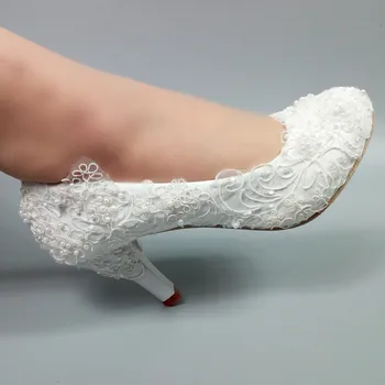 Ново записване, женски сватбени обувки с бели цветя, модерни обувки, дамски обувки-лодка на висок ток 5 см/8 см/11 см, женски модел обувки