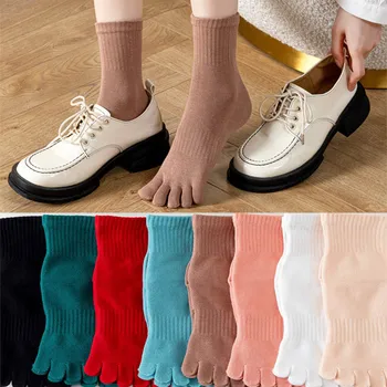5 двойки едноцветни женски чорапи в стил харадзюку, есен-зима, прости дебели памучни чорапи с чорапи, многоцветни кальцетины на 5 пръста