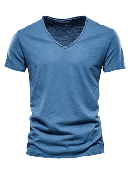 Лятна мъжка тениска от 100% памук с V-образно деколте, с Модерен дизайн, приталенные тениски Soild, мъжки Ризи с къс ръкав, мъжки Дрехи