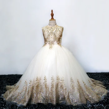 Рокля с цветя модел за момичета на сватба, тюлевые принцесата рокли със златни пайети, рокля за първо причастие, празнична рокля за момичета