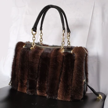 Зимна модна чанта от естествена кожа, луксозна дамска чанта за през рамото от кожа на норка, дизайнерски дамски голямата голям бебешката чанта през рамо