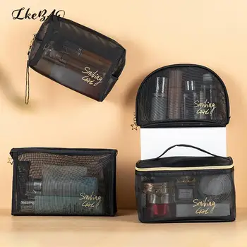 1 бр. на окото косметичка, черна мрежа чанта с цип, косметичка, мрежести козметични чанти за офиси, пътни чанти за багаж, чанта за тоалетни принадлежности