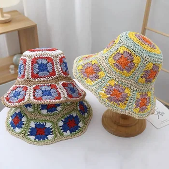 Лятна вязаная сламена шапка на една кука-панама за жени с широка периферия ръчна изработка, плетени цветни плажни шапки в корейски стил