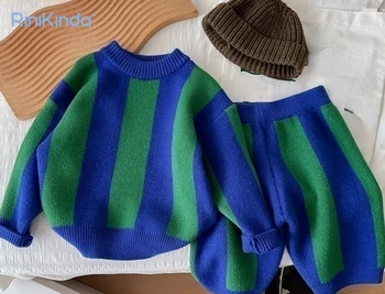 2023 Есента нов вязаный пуловер, тениска + шорти, комплект модерни детски дрехи от 2 теми, костюм на райе за малки момчета и момичета
