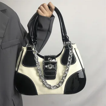Diinovivo Луксозни дизайнерски чанти 2023 Дамски холщовая лоскутная чанта през рамо от изкуствена кожа с веригата в стил пънк за момичета WHDV2222