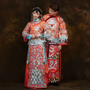 Оранжево-червен, 2 цвята, нежна бродерия, традиционен китайски сватбен Hanfu Xiu He Fu отношение, сватбени костюми на булката и младоженеца