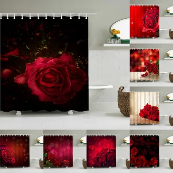 Завеса за душ с романтичен модел от червени рози, 3D екран за баня, водоустойчив плат, защищающая от мухъл, декор за баня с пердета за душата на куки