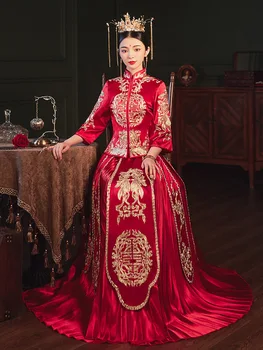 Традиционна Бродерия На Булката Рокля Дамско Луксозно Древното Кралско Червено Китайското Сватбена Рокля Oriental QiPao