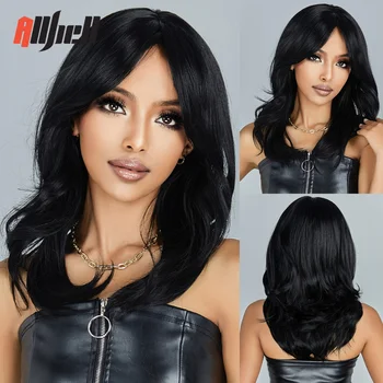 Естествени черни къдрави синтетични перуки, със средна дължина, с страничен бретон за всеки ден за жени, афро-вечерни перуки, направени от термоустойчива влакна коса