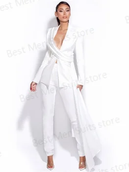 Бели дамски костюми за сватба с дълъг декоративен каишка, офис дамско яке + панталон, 2 броя, вечерна рокля за бала, сшитое по поръчка