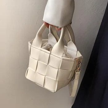 Тканая Лесна чанта за през рамо в западен стил, с Модерна Текстура, Однотонная Малка Прясна чанта-Кофа за През рамо с едно рамо