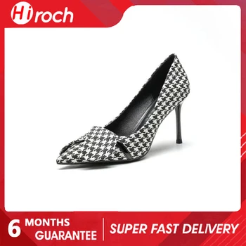 HiRoch 2022, нова клетчатая обувки на висок ток с остър пръсти, пикантен дамски обувки на висок ток с лък зелен цвят за дами банкет