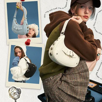 Y2k Реколта чанта за момичета, модни звезда, чанта през рамо, ретро чанта през рамо с нитове, брандираната дизайнерска чанта, дамска чанта