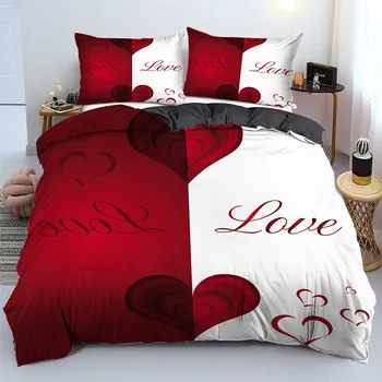 3ШТ Червен черен комплект спално бельо Love Heart Стеганое одеяло, чаршаф, одеяло, калъфка за възглавница, 3D двойно легло, спалня с две единични легла King Queen