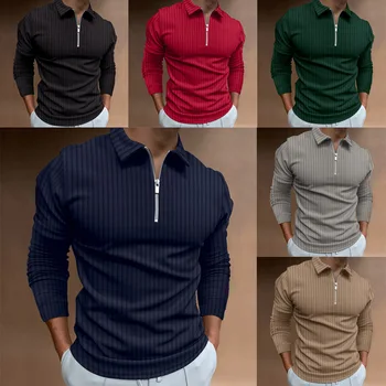 2023 Пролетно мъжко облекло, обикновена риза с къси ръкави, блузи, мъжки тънък пуловер с дълъг ръкав, цип на райе