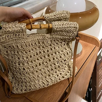 Сламена чанта с бамбукова дръжка, тъкани плажни чанти ръчен труд за жените, книжен въже, вязаная чанта от ратан, квадратна чанта през рамо, нова