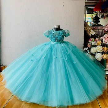 Паунов сини рокли с цветя модел за момичета на сватба, бална рокля за момичета с къси пухкави ръкави и 3D аппликацией в формата на цветя, детско облекло за рожден ден