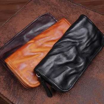 Дълъг мъжки портфейл от естествена кожа ръчно изработени AETOO, чантата е с голям капацитет в ретро стил на бизнес чанта с цип от кожата растително дъбени