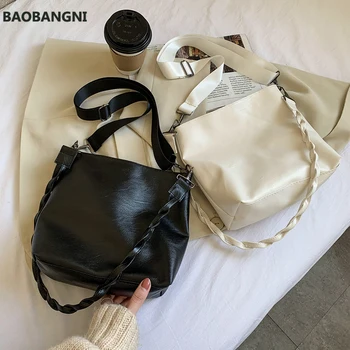 Чанта през рамо от изкуствена кожа с тъкани каишка, дамски проста чанта на рамото, обикновена летни дамски чанти-тоут за жени, тенденция