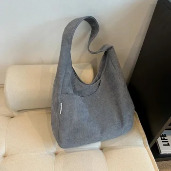 Холщовая дамска чанта-тоут на рамото, вельветовая проста ежедневна дизайнерска чанта с голям капацитет за жени, пътна однотонная чанта за пазаруване