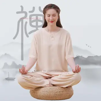2023 дамски китайски дрехи за медитация, дзен йога, реколта спално бельо, памучни блузи hanfu + комплект панталон, униформи тай чи кунг-фу, будистка облекло