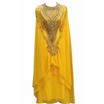 Жълт Кралския Дубай марокански халат Farasha Maxi Абая Вечерна рокля Съвременно арабско рокля