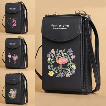 Дамски кожени чанти през рамо с принтом фламинго, универсален мобилен телефон за Iphone/Samsung, портфейл, клатч през рамо, чантата