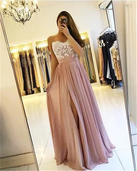 2019 Румяно-розови, дълги рокли на шаферките с цепка отстрани, спагети, трапециевидные апликации, шифоновое сватбена рокля за гости, рокли за абитуриентски бал