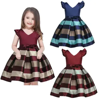 Детско принцеса рокля от мека тъкан в лента с цветен печат и лък за момичета, празнична вечерна рокля, рокли от 2 до 10 години