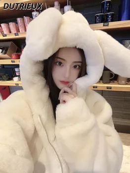 Дебели палта с имитация на кожа заек със собствени кроличьими уши за жени, модни яке със средна дължина, есенно-зимния утолщенное палто от вълна агнешко месо