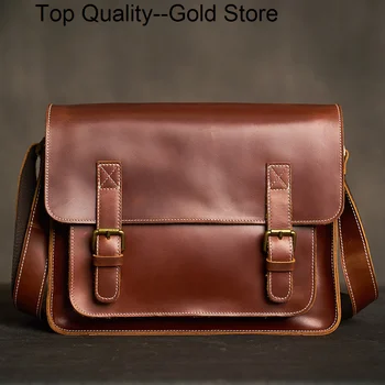 Реколта мъжка чанта през рамо от естествена кожа, ежедневни чанти-месинджър в стил колеж, 12,9-инчови лаптопи