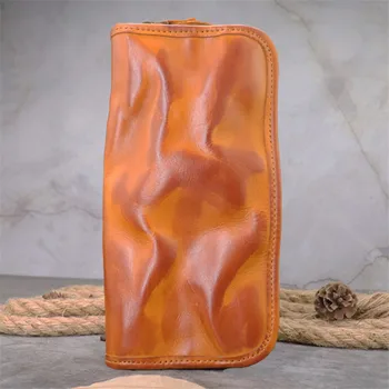 Ретро мъжки женски портфейл от телешка кожа на първия слой, просто чантата ръчно изработени от мека естествена кожа, дамски дълги цип джоб за телефон, държач за карти, чанти