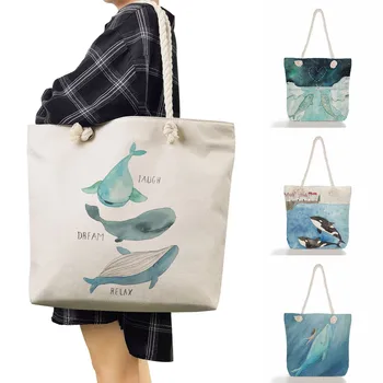 Чанта през рамо серия Sea, чанти с принтом сладко момиче-кит, бельо дамска чанта, пътни плажни чанти голям капацитет, нова еко-чанта за покупки
